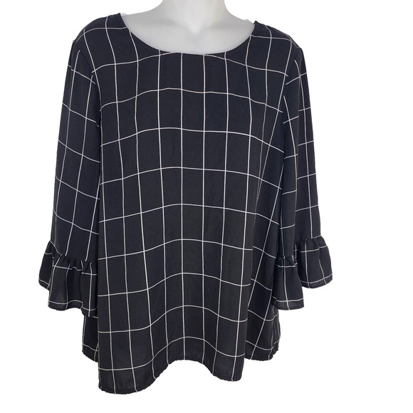 Adrianna Papell Womens Top Medium Black White Plaid Bell Sleeve Keyhole Relaxed - Picture 1 of 11